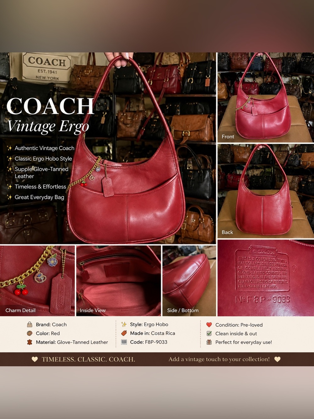 Coach Vintage Ergo in Red Leather Shoulder Bag  made in COSTA RICA ❤️🔥